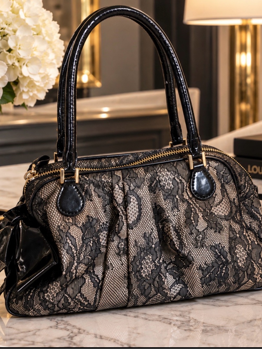 Valentino Black Lace Fused Nylon and Patent Leather Bow Bag,